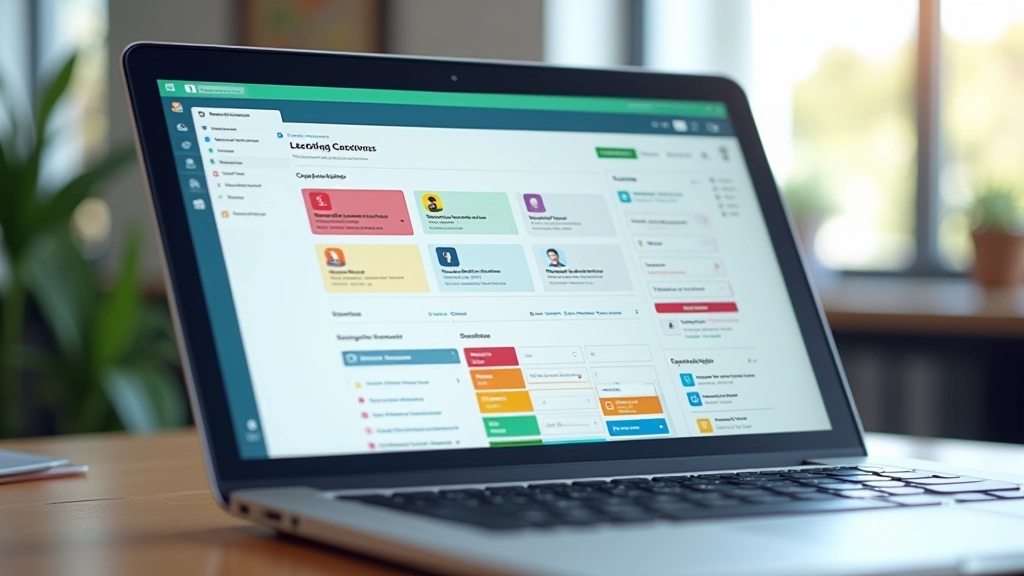 Laptop ekrane rodoma e-mokymosi platformos sąsaja su skirtingais moduliais ir šviesia spalvų palete