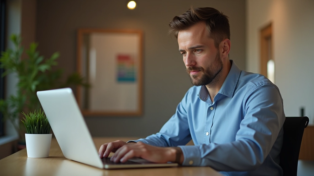 Vyras nešiojamajame kompiuteryje peržiūri online kursą apie skaitmeninę transformaciją ir profesinę plėtrą